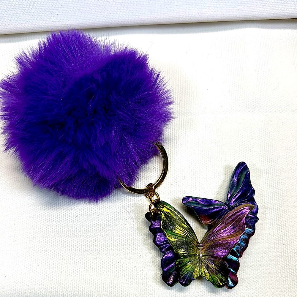 Purple Pom Pom Keychain with Butterfly Charm
